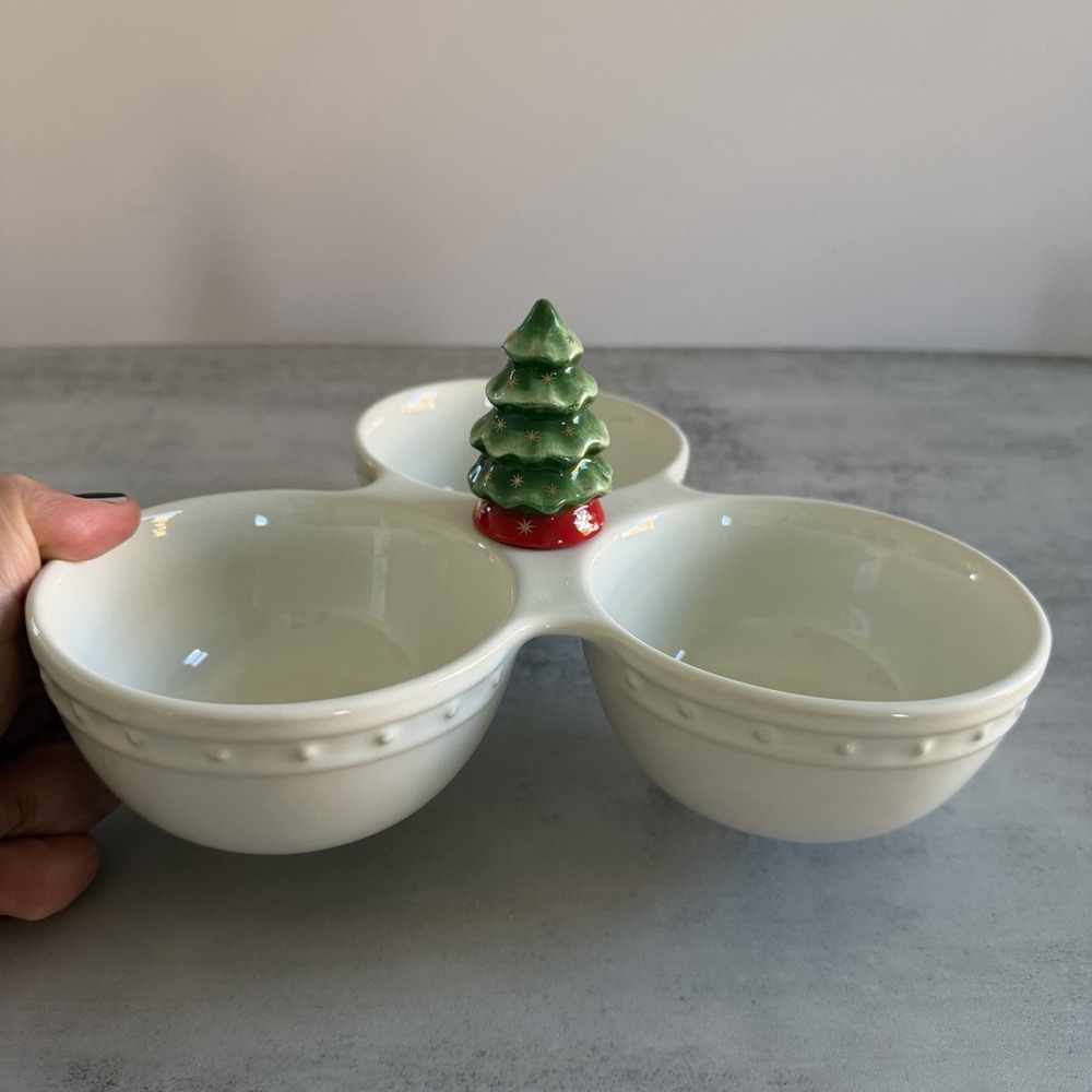 Nora Fleming White Pearl Dot Retired Triple Dish Stoneware & Christmas Tree NIB